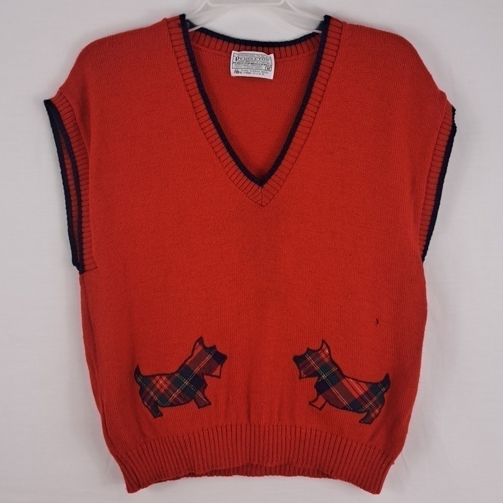 Vintage 80's Pendleton Scottish Terrier red & blue virgin wool med sweater vest